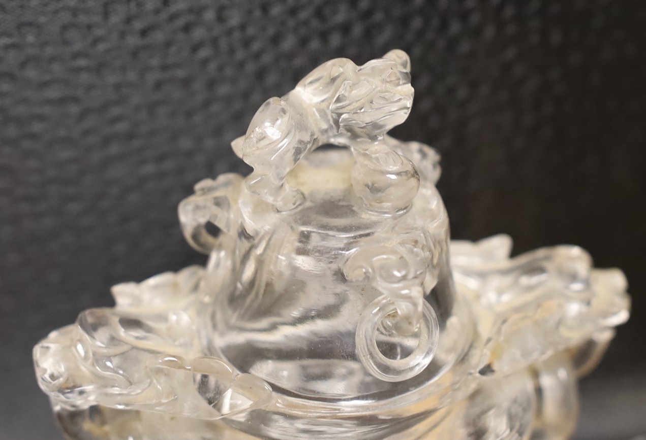 A Chinese rock crystal tripod censer and cover, on hardwood stand, 11cm